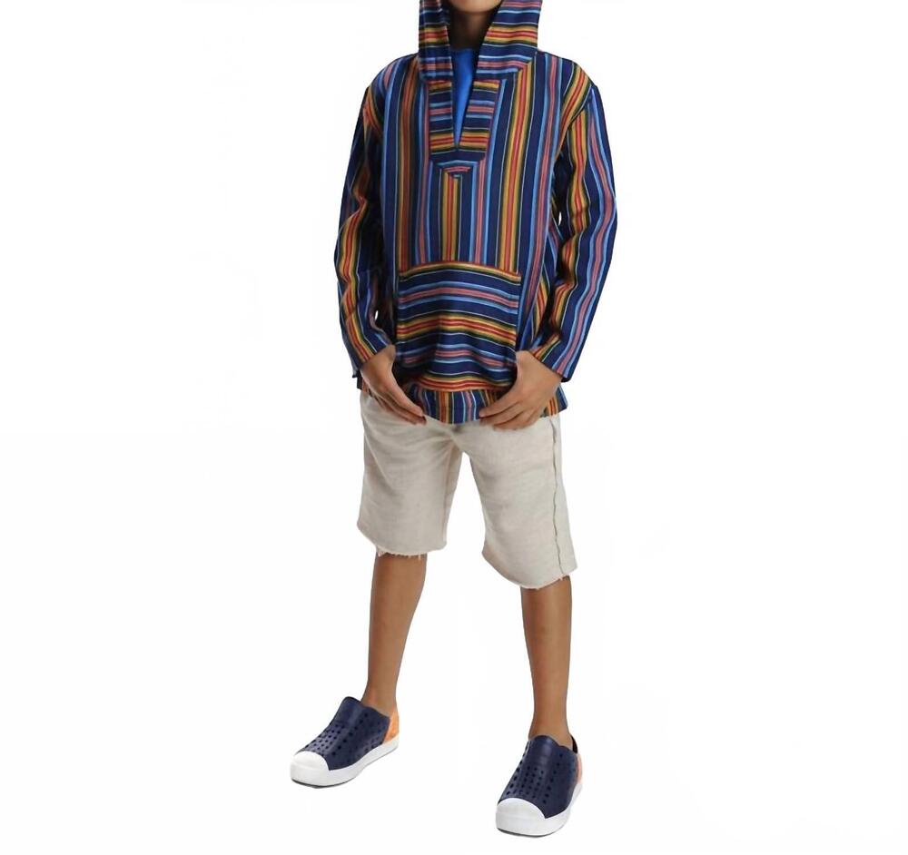 NEW APPAMAN kids baja hooded pullover in cobalt multi stripe